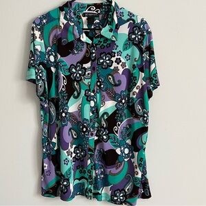 International Concepts Color Block Paisley Print Button Down Short Sleeve Blouse